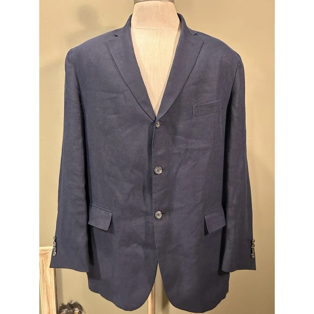 Vintage Polo Ralph Lauren Blazer 46R Flax Linen Navy Blue Unstructured Jacket